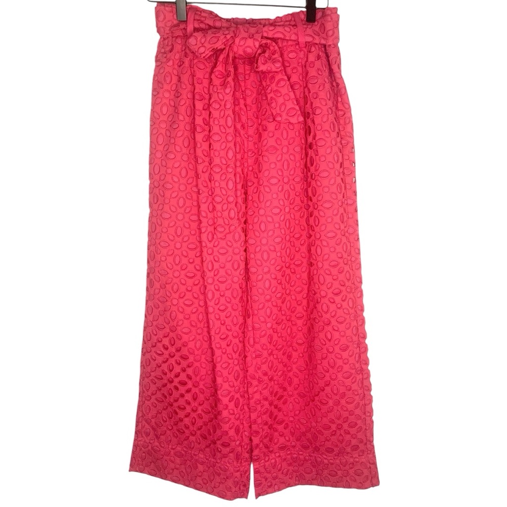 NWT J Crew Colorful Bright Pink Size 6 Eyelet Cropped Wider Leg Belted Pants